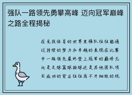 强队一路领先勇攀高峰 迈向冠军巅峰之路全程揭秘