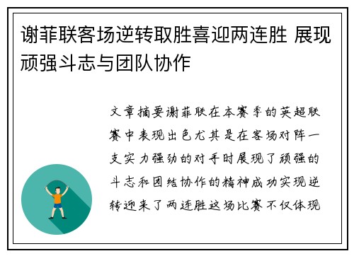 谢菲联客场逆转取胜喜迎两连胜 展现顽强斗志与团队协作