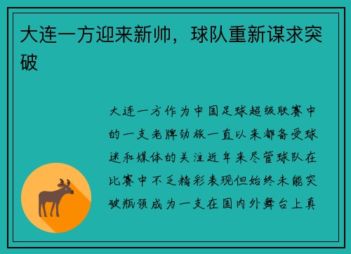 大连一方迎来新帅，球队重新谋求突破