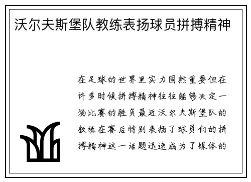 沃尔夫斯堡队教练表扬球员拼搏精神
