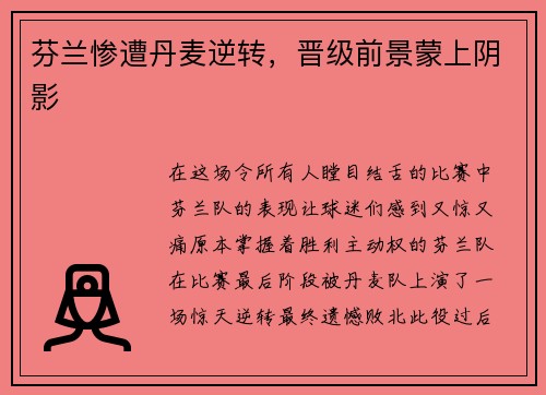 芬兰惨遭丹麦逆转，晋级前景蒙上阴影