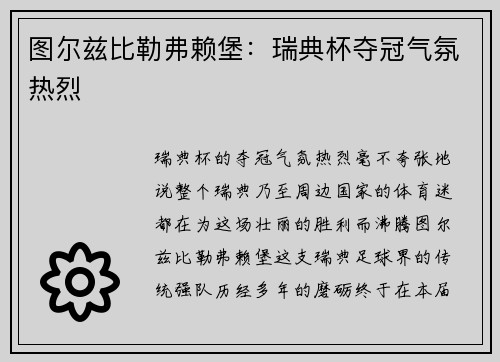 图尔兹比勒弗赖堡：瑞典杯夺冠气氛热烈