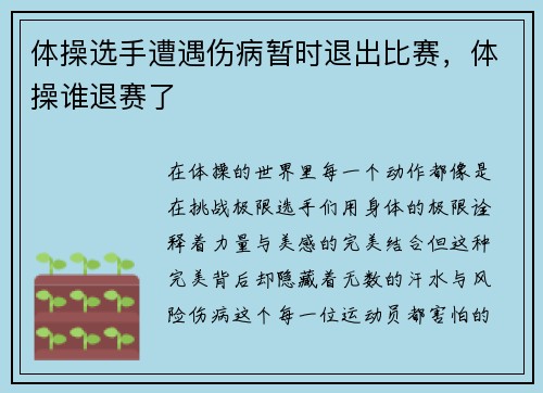 体操选手遭遇伤病暂时退出比赛，体操谁退赛了