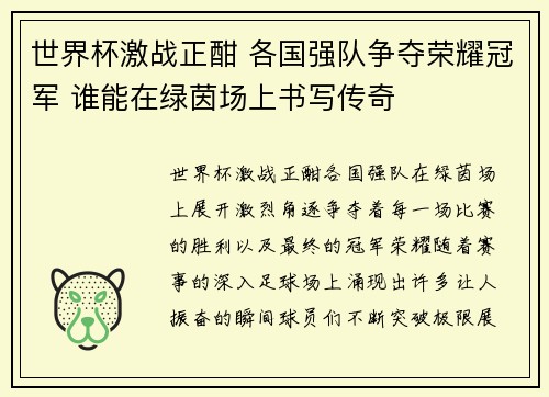 世界杯激战正酣 各国强队争夺荣耀冠军 谁能在绿茵场上书写传奇