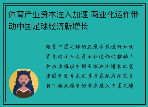 体育产业资本注入加速 商业化运作带动中国足球经济新增长
