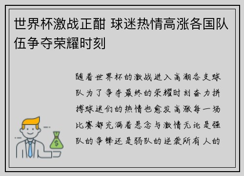 世界杯激战正酣 球迷热情高涨各国队伍争夺荣耀时刻