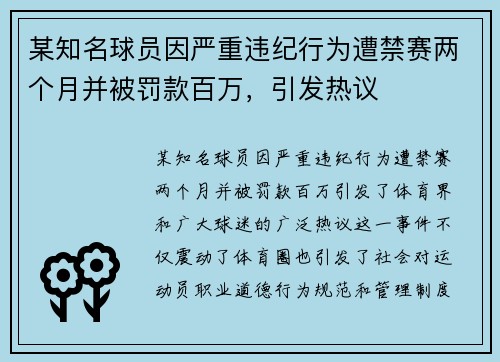 某知名球员因严重违纪行为遭禁赛两个月并被罚款百万，引发热议